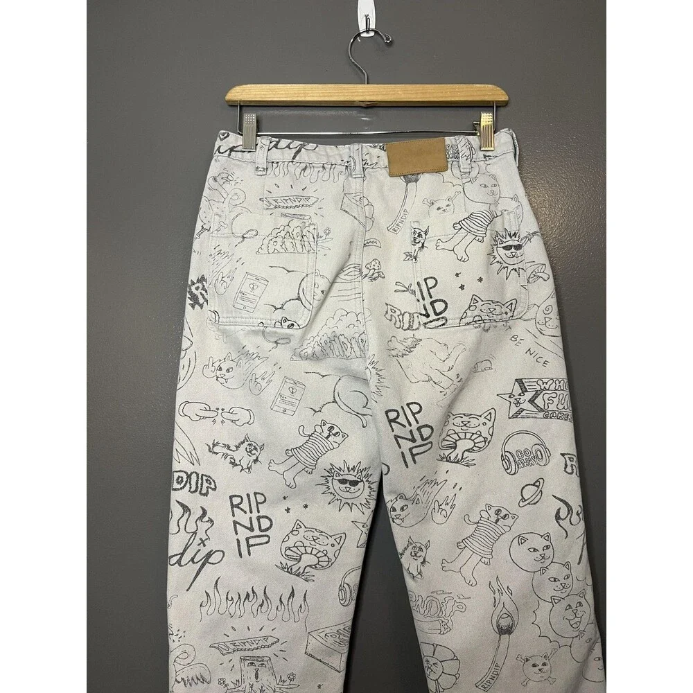 RIPNDIP Jeans Mens 30x28 White All Over Cat Print Straight Leg Denim Pants